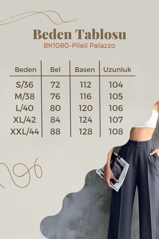 Balenbi Kadın Pileli Yüksek Bel Bol Paça Likralı Palazzo Pantolon 1139 38 - Gri