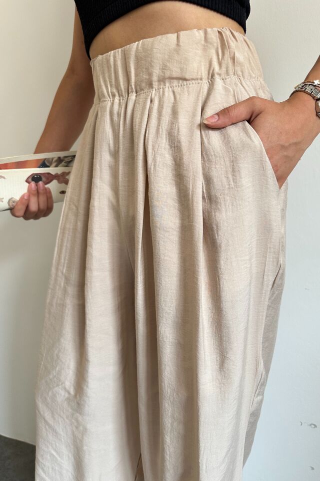 Feela Moda 2009 Beli Lastikli Paraşüt Kumaş Palazzo Kadın Pantolon 40 - Bej