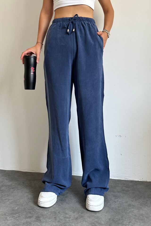 Feela Moda 2008 Bağcıklı Beli Lastikli Yıkamalı Modal Dokuma Palazzo Kadın Pantolon İndigo - 36