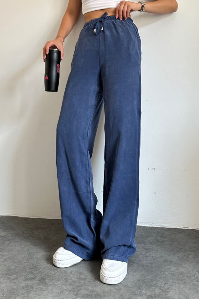 Feela Moda 2008 Bağcıklı Beli Lastikli Yıkamalı Modal Dokuma Palazzo Kadın Pantolon İndigo - 36