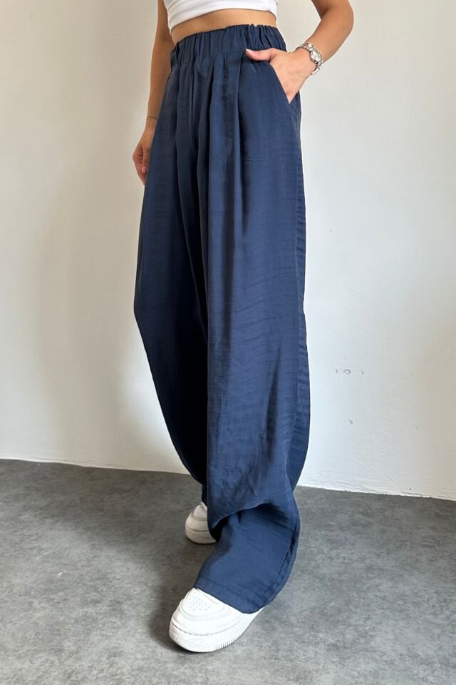 Feela Moda 2009 Beli Lastikli Paraşüt Kumaş Palazzo Kadın Pantolon Lacivert - 40