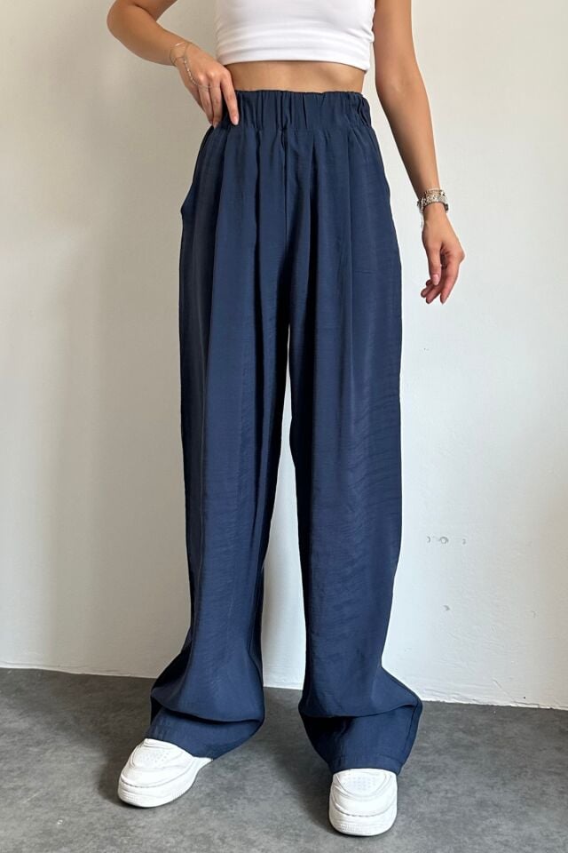 Feela Moda 2009 Beli Lastikli Paraşüt Kumaş Palazzo Kadın Pantolon Lacivert - 40