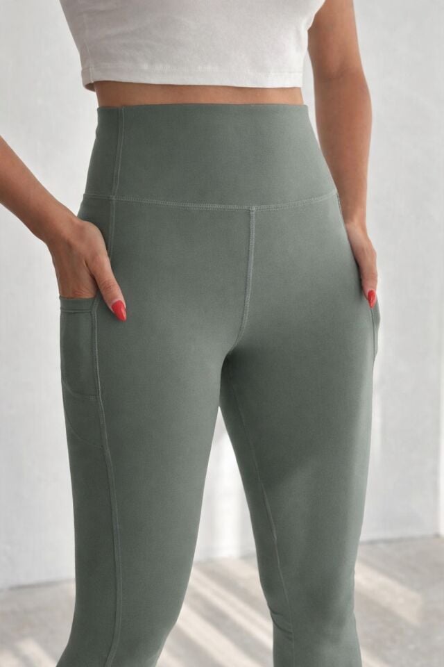 Balenbi Haute Kadın Yüksek Bel Toparlayıcı Çift Cepli Leggings Fitness Tayt 1092 S - Açık Haki