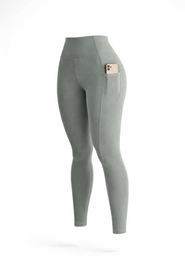 Balenbi Haute Kadın Yüksek Bel Toparlayıcı Çift Cepli Leggings Fitness Tayt 1092 S - Açık Haki