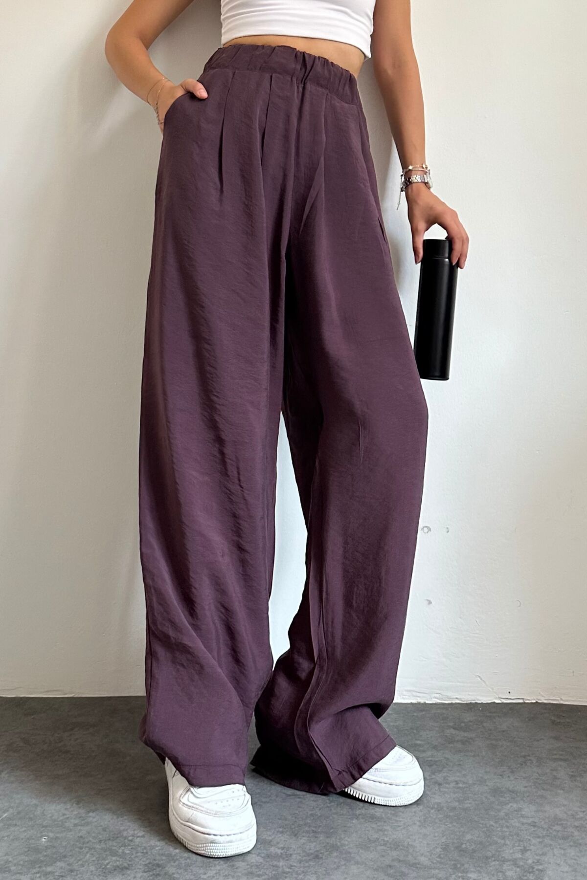 Feela Moda 2009 Beli Lastikli Paraşüt Kumaş Palazzo Kadın Pantolon 40 - Mürdüm