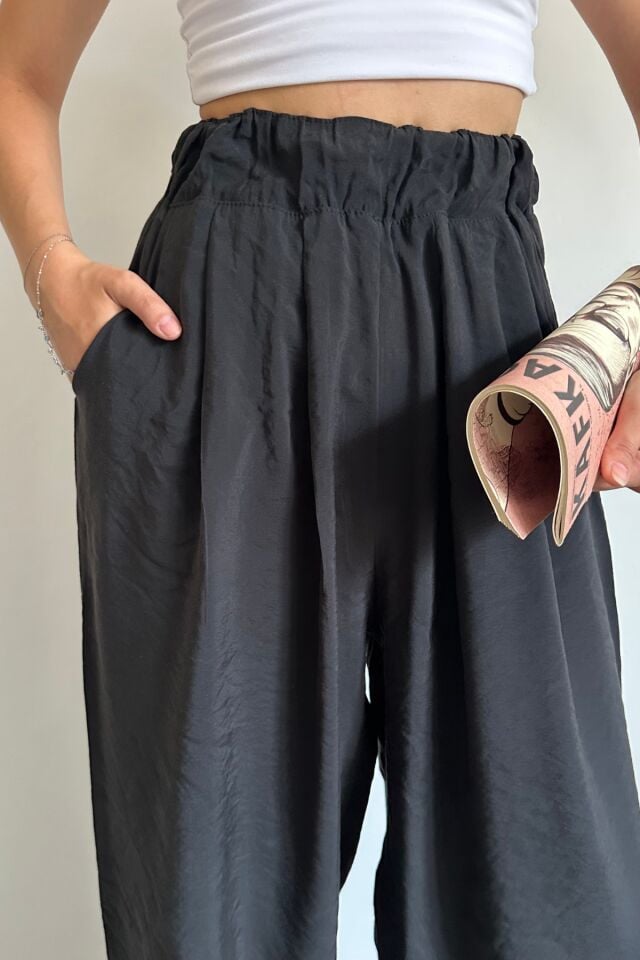 Feela Moda 2009 Beli Lastikli Paraşüt Kumaş Palazzo Kadın Pantolon 40 - Siyah