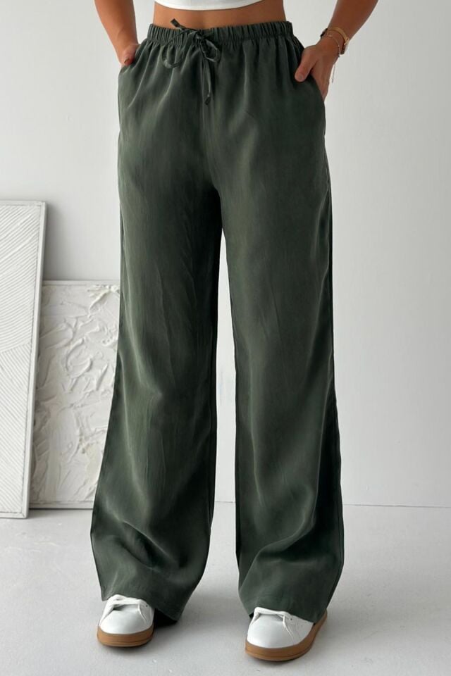 Feela Moda 2008 Bağcıklı Beli Lastikli Yıkamalı Modal Dokuma Palazzo Kadın Pantolon Yeşil - 38