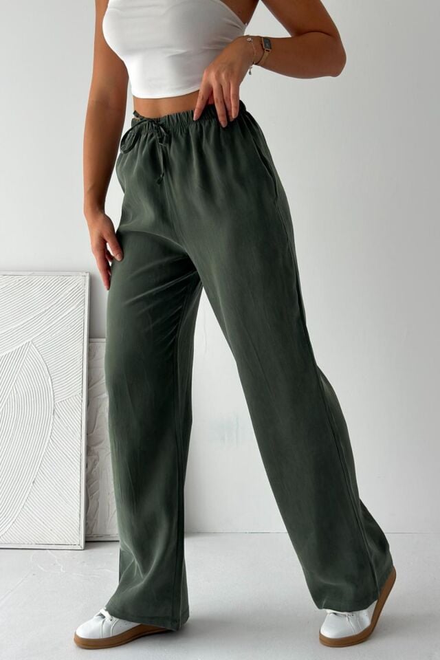 Feela Moda 2008 Bağcıklı Beli Lastikli Yıkamalı Modal Dokuma Palazzo Kadın Pantolon Yeşil - 38