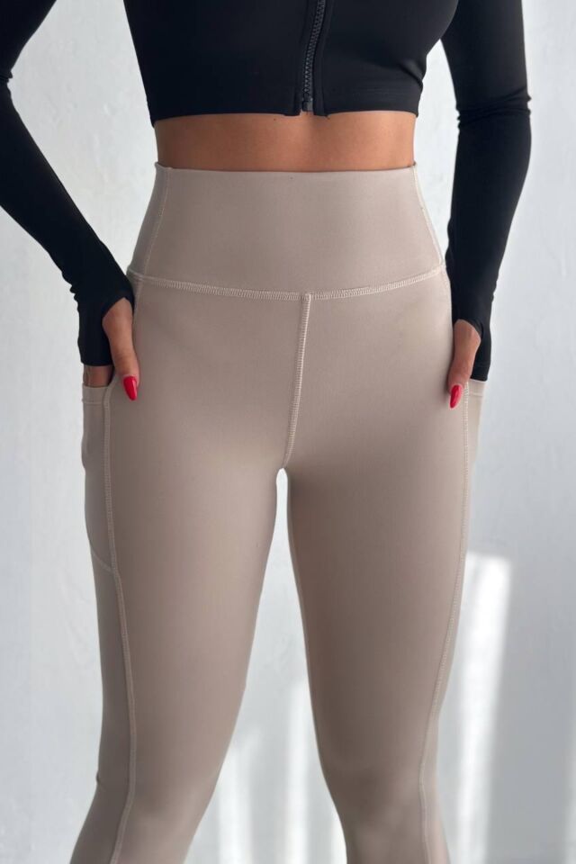 Balenbi Haute Kadın Yüksek Bel Toparlayıcı Çift Cepli Leggings Fitness Tayt 1092 M - Bej