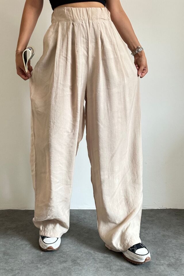 Feela Moda 2009 Beli Lastikli Paraşüt Kumaş Palazzo Kadın Pantolon 42 - Bej