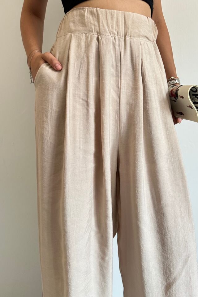 Feela Moda 2009 Beli Lastikli Paraşüt Kumaş Palazzo Kadın Pantolon 42 - Bej