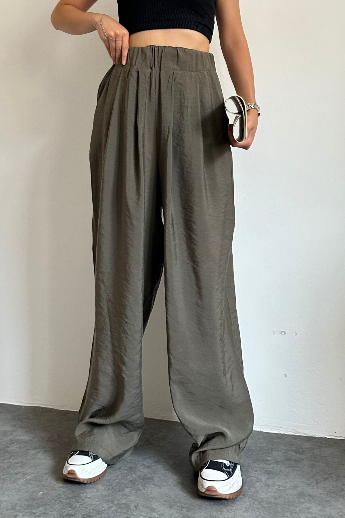 Feela Moda 2009 Beli Lastikli Paraşüt Kumaş Palazzo Kadın Pantolon 42 - Haki