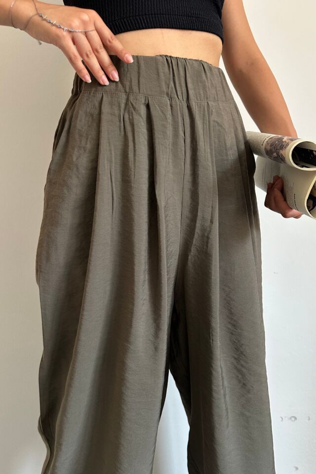 Feela Moda 2009 Beli Lastikli Paraşüt Kumaş Palazzo Kadın Pantolon 42 - Haki