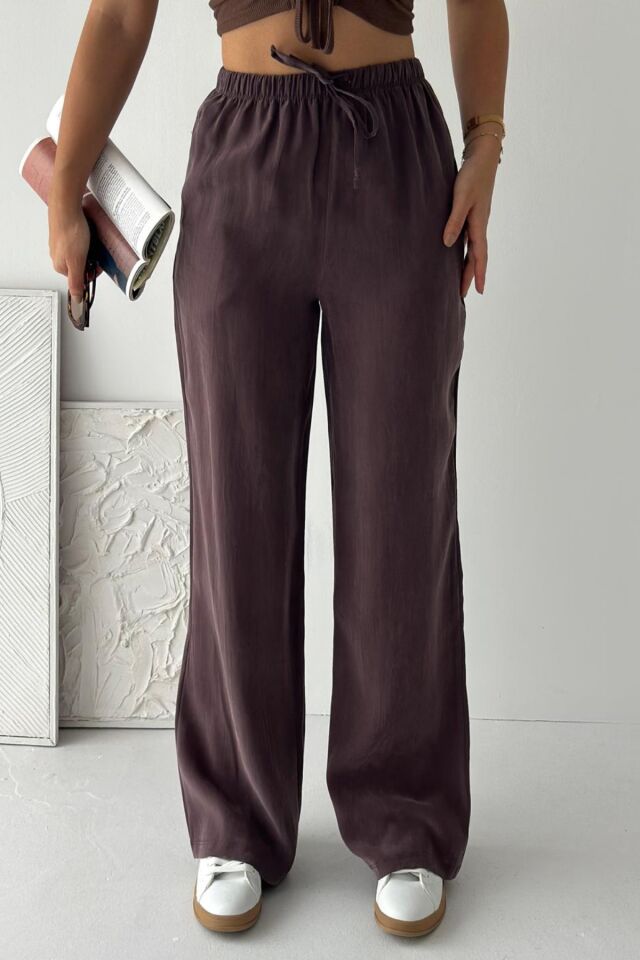 Feela Moda 2008 Bağcıklı Beli Lastikli Yıkamalı Modal Dokuma Palazzo Kadın Pantolon Kahverengi - 38