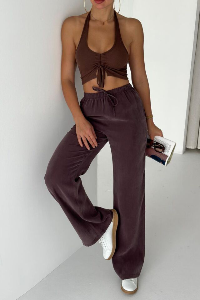 Feela Moda 2008 Bağcıklı Beli Lastikli Yıkamalı Modal Dokuma Palazzo Kadın Pantolon Kahverengi - 38