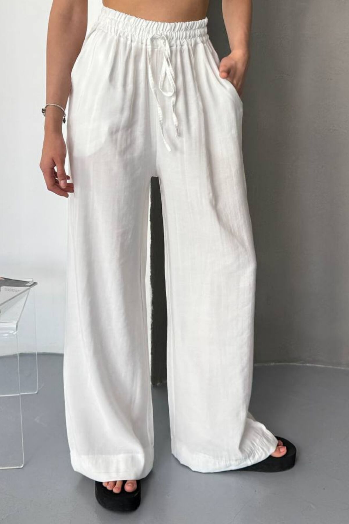 Feela Moda Kadın Modal Dokuma Beli Lastikli Palazzo Pantolon 2016 44 - Haki