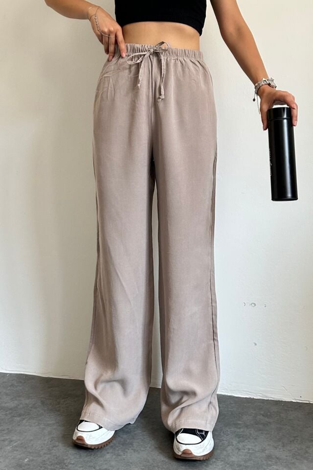 Feela Moda 2008 Bağcıklı Beli Lastikli Yıkamalı Modal Dokuma Palazzo Kadın Pantolon 36 - Bej