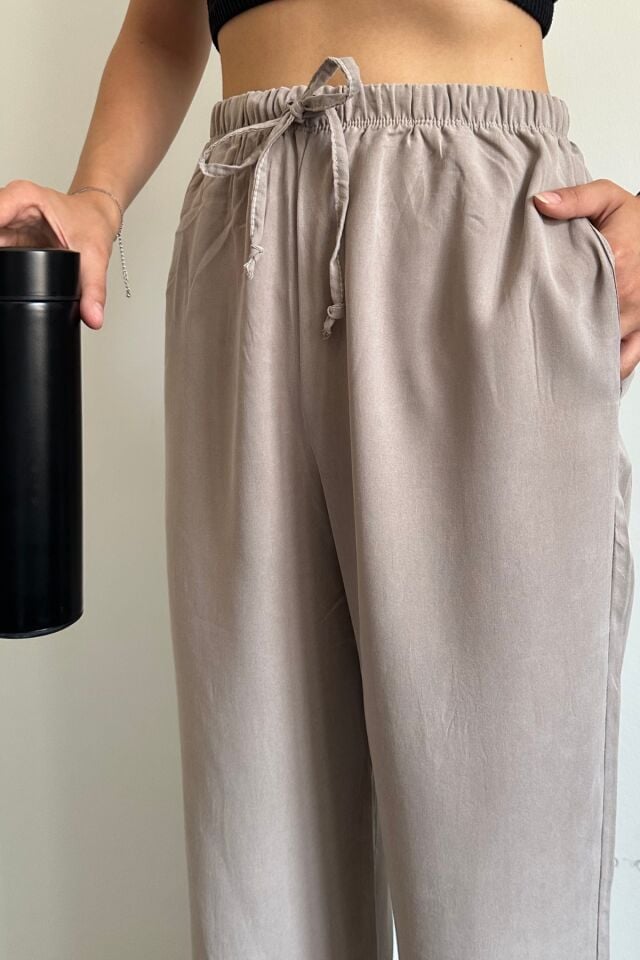 Feela Moda 2008 Bağcıklı Beli Lastikli Yıkamalı Modal Dokuma Palazzo Kadın Pantolon Bej - 36