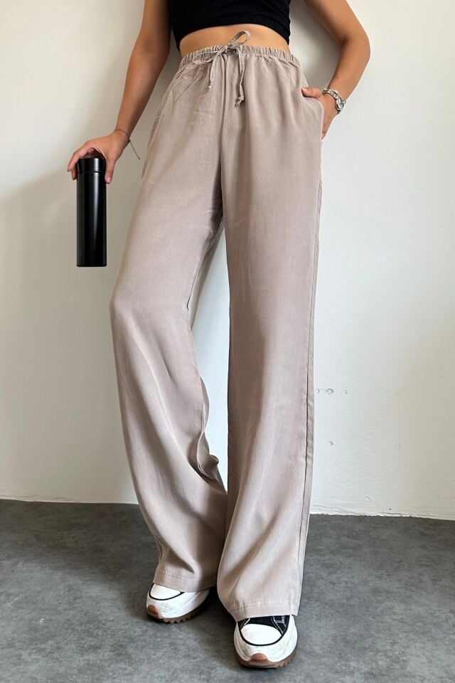 Feela Moda 2008 Bağcıklı Beli Lastikli Yıkamalı Modal Dokuma Palazzo Kadın Pantolon Bej - 36