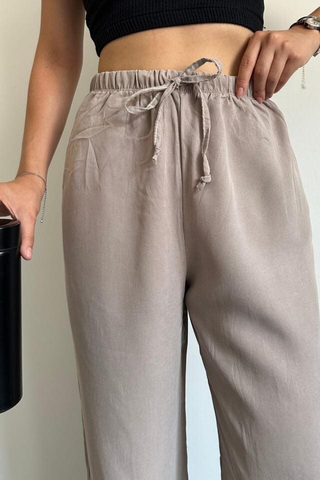 Feela Moda 2008 Bağcıklı Beli Lastikli Yıkamalı Modal Dokuma Palazzo Kadın Pantolon 36 - Bej
