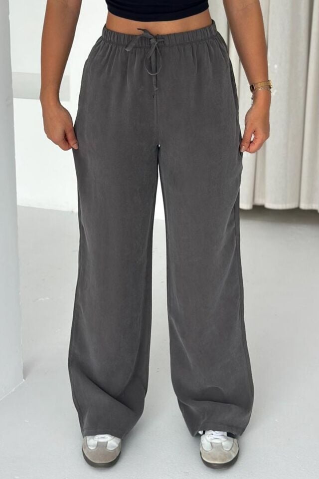 Feela Moda 2008 Bağcıklı Beli Lastikli Yıkamalı Modal Dokuma Palazzo Kadın Pantolon Haki - 38