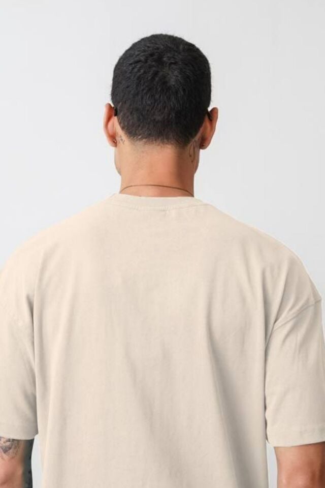 Balenbi Erkek Bisiklet Yaka Cepli Oversize Kalıp Penye Tişört 1007 XL - Bej