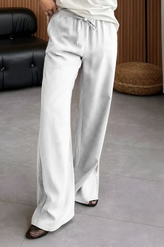 Feela Moda 2008 Bağcıklı Beli Lastikli Yıkamalı Modal Dokuma Palazzo Kadın Pantolon 38 - Ekru