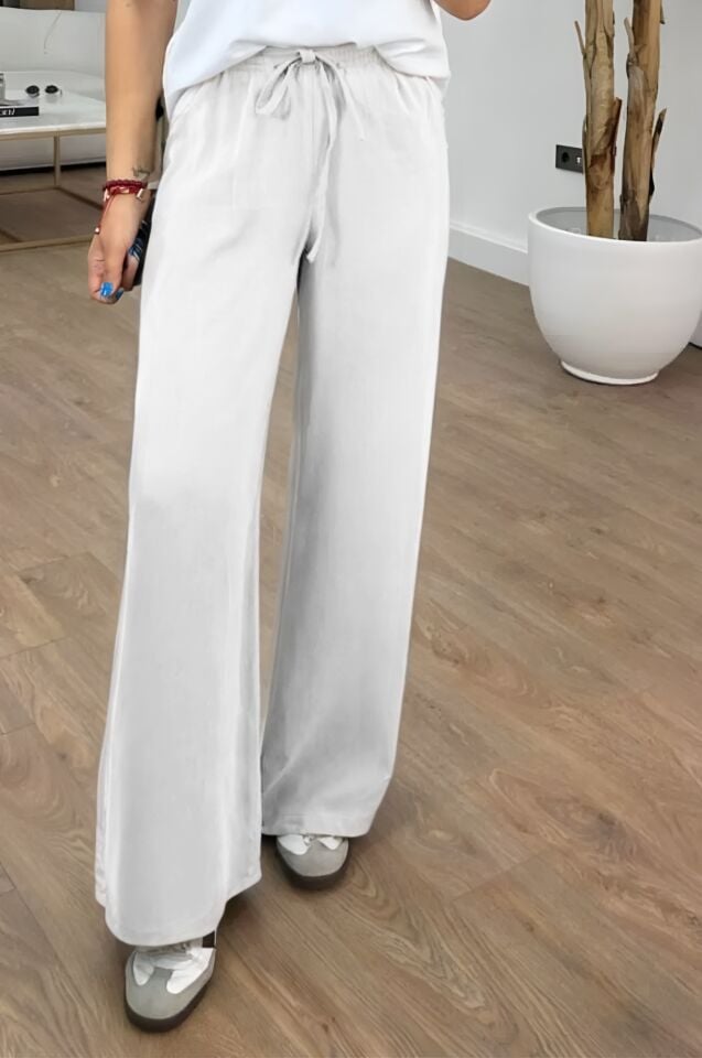 Feela Moda 2008 Bağcıklı Beli Lastikli Yıkamalı Modal Dokuma Palazzo Kadın Pantolon Ekru - 38