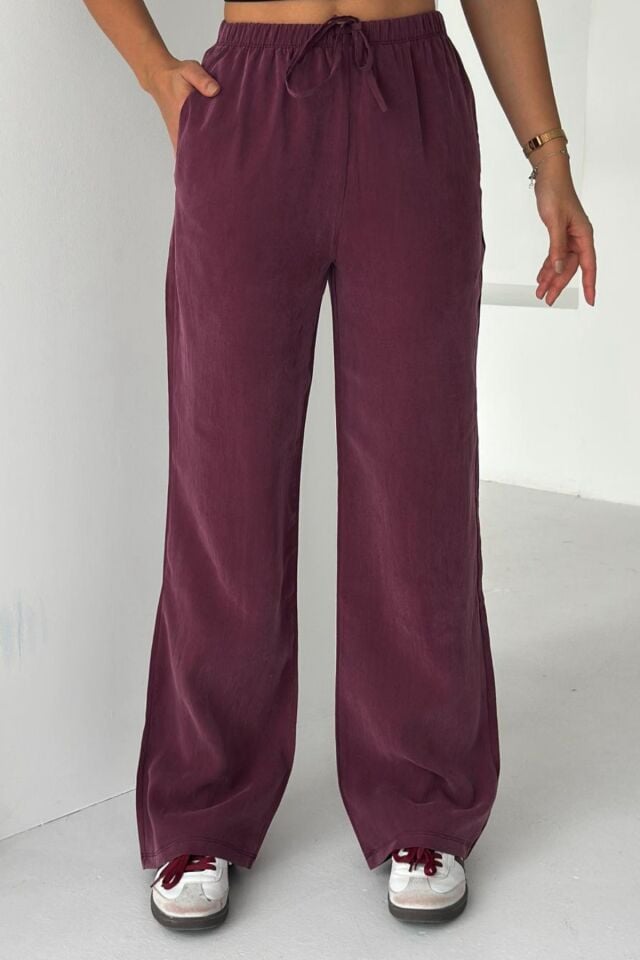 Feela Moda 2008 Bağcıklı Beli Lastikli Yıkamalı Modal Dokuma Palazzo Kadın Pantolon Bordo - 36