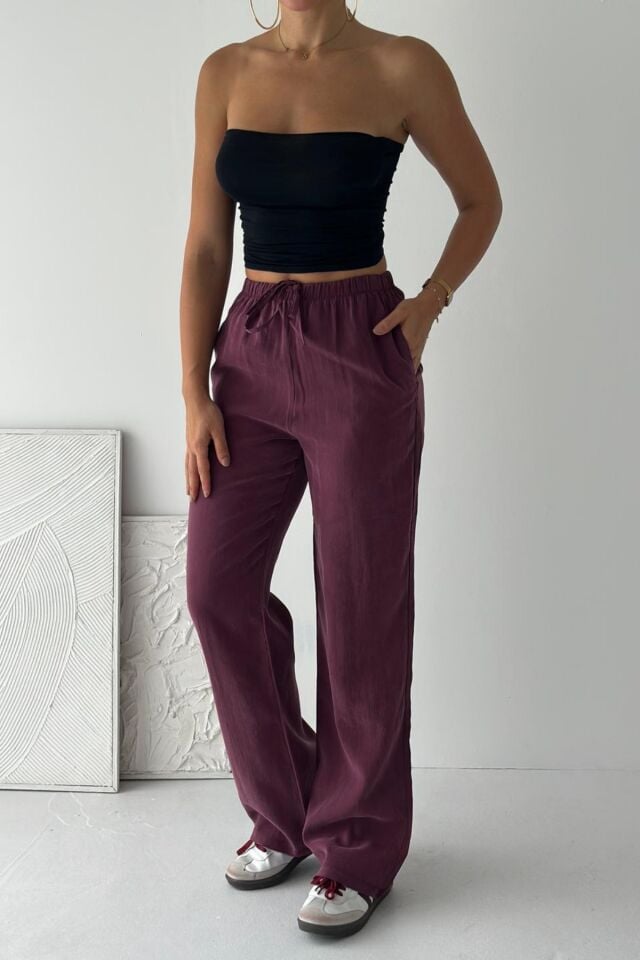 Feela Moda 2008 Bağcıklı Beli Lastikli Yıkamalı Modal Dokuma Palazzo Kadın Pantolon Bordo - 36