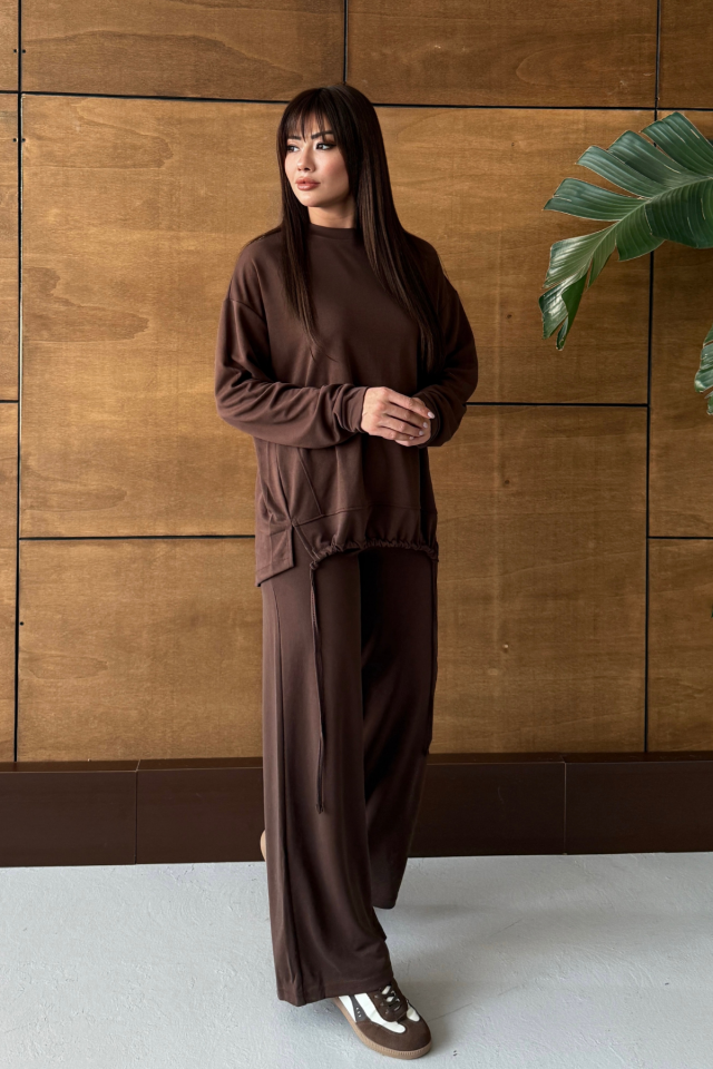 Balenbi Oversize Modal Pike Büzgü Detaylı Tesettür Kadın Takım 1164 – Form Serisi 2XL - Kahverengi