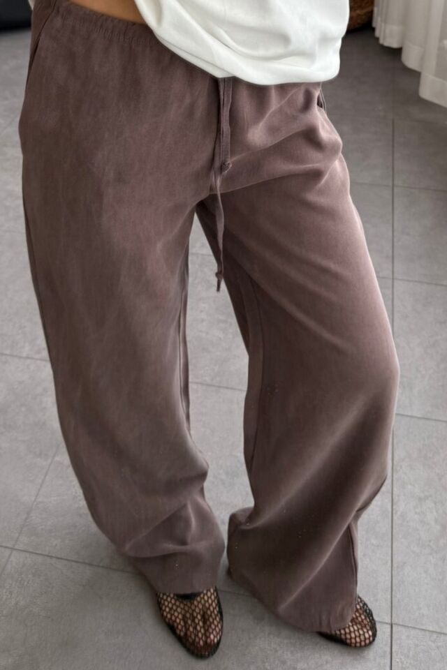 Feela Moda 2008 Bağcıklı Beli Lastikli Yıkamalı Modal Dokuma Palazzo Kadın Pantolon 40 - Kahverengi