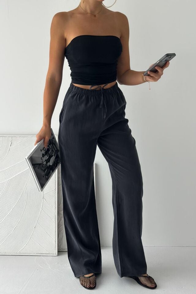 Feela Moda 2008 Bağcıklı Beli Lastikli Yıkamalı Modal Dokuma Palazzo Kadın Pantolon 38 - Antrasit