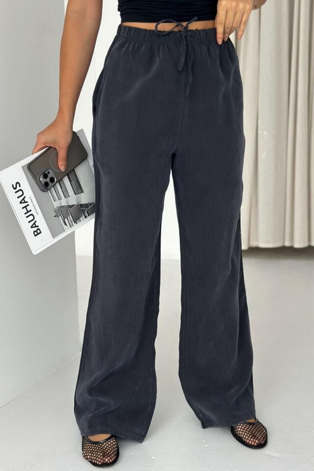 Feela Moda 2008 Bağcıklı Beli Lastikli Yıkamalı Modal Dokuma Palazzo Kadın Pantolon Antrasit - 36