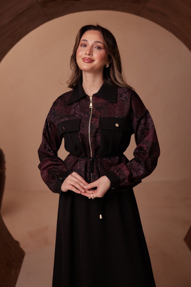 Balenbi Desen Kombinli Fermuarlı Gömlek Yaka Double Krep Etekli Tesettür Takım 1185 L/XL - Siyah