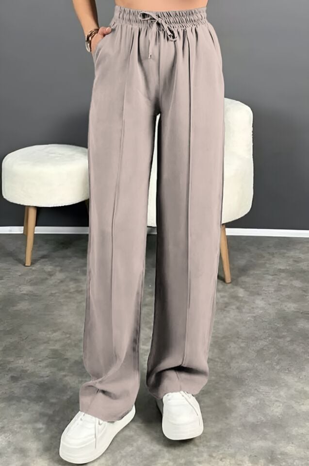Feela Moda 2007 Bağcıklı Beli Lastikli Modal Çımalı Palazzo Kadın Pantolon 38 - Bej