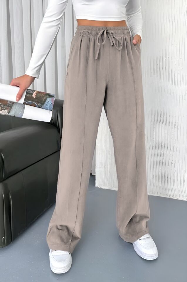 Feela Moda 2007 Bağcıklı Beli Lastikli Modal Çımalı Palazzo Kadın Pantolon Bej - 38