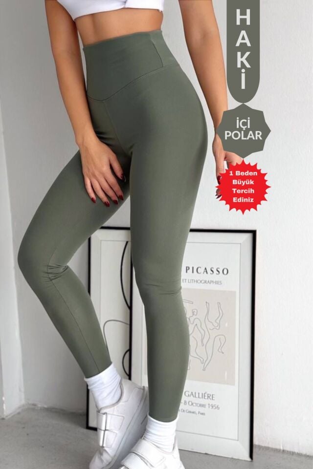 Balenbi Kadın Yüksek Bel Şardonlu Incelten Toparlayıcı Kışlık Tayt 1050 Haki - L