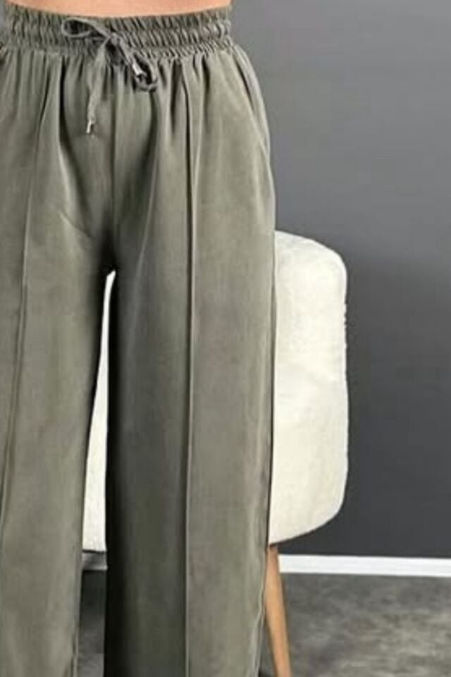 Feela Moda 2007 Bağcıklı Beli Lastikli Modal Çımalı Palazzo Kadın Pantolon 40 - Haki