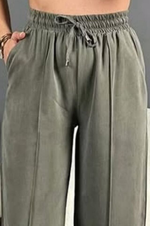 Feela Moda 2007 Bağcıklı Beli Lastikli Modal Çımalı Palazzo Kadın Pantolon Haki - 40