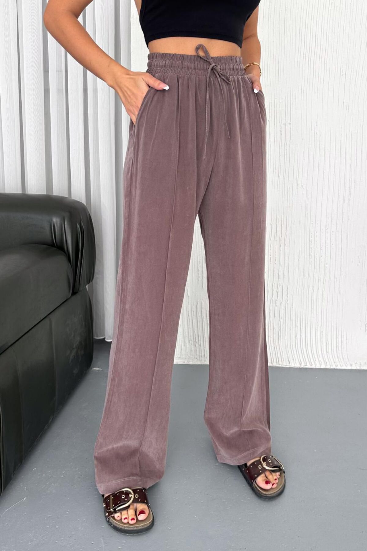 Feela Moda 2007 Bağcıklı Beli Lastikli Modal Çımalı Palazzo Kadın Pantolon 40 - Vizon