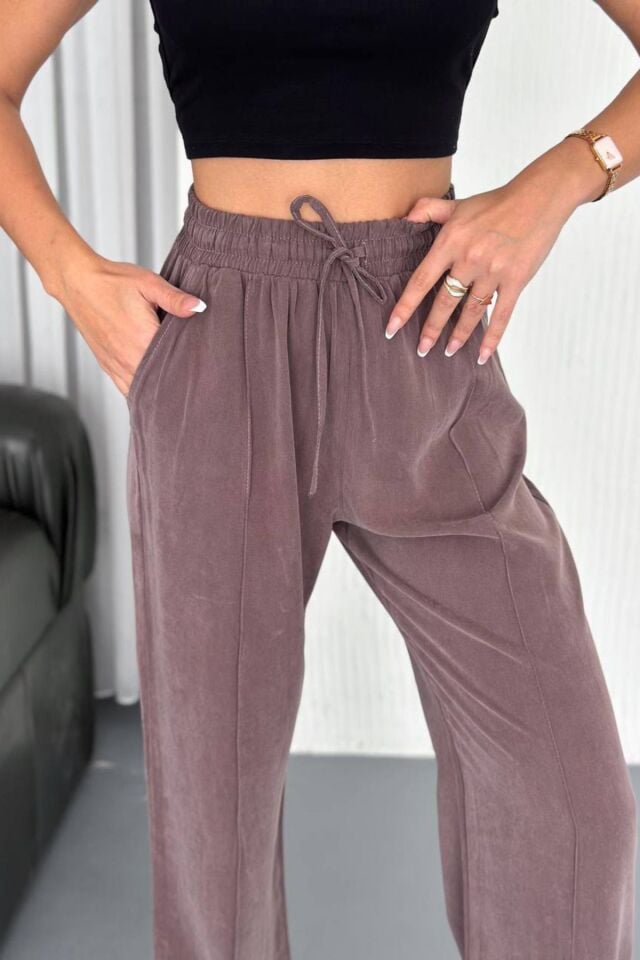 Feela Moda 2007 Bağcıklı Beli Lastikli Modal Çımalı Palazzo Kadın Pantolon 40 - Vizon