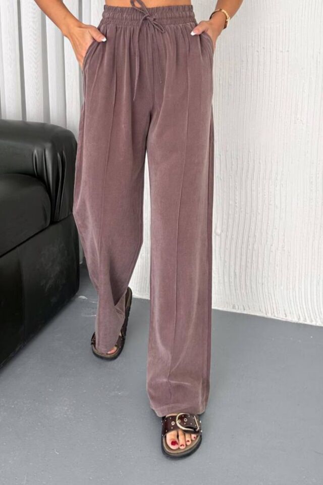 Feela Moda 2007 Bağcıklı Beli Lastikli Modal Çımalı Palazzo Kadın Pantolon 40 - Vizon