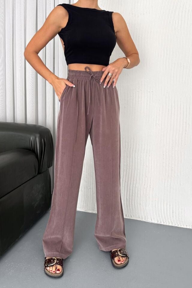 Feela Moda 2007 Bağcıklı Beli Lastikli Modal Çımalı Palazzo Kadın Pantolon Vizon - 40