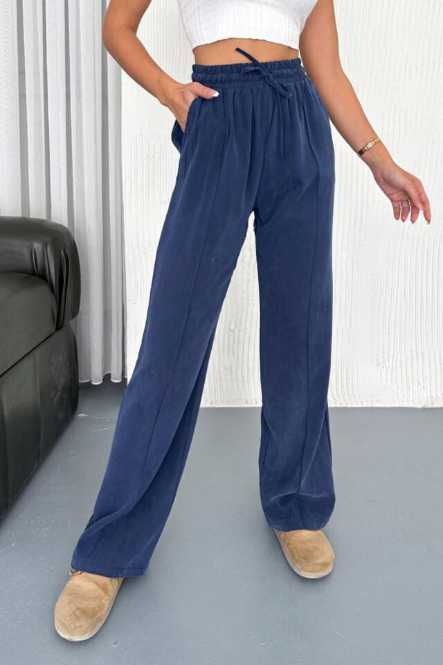 Feela Moda 2007 Bağcıklı Beli Lastikli Modal Çımalı Palazzo Kadın Pantolon İndigo - 40
