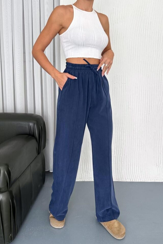 Feela Moda 2007 Bağcıklı Beli Lastikli Modal Çımalı Palazzo Kadın Pantolon İndigo - 40