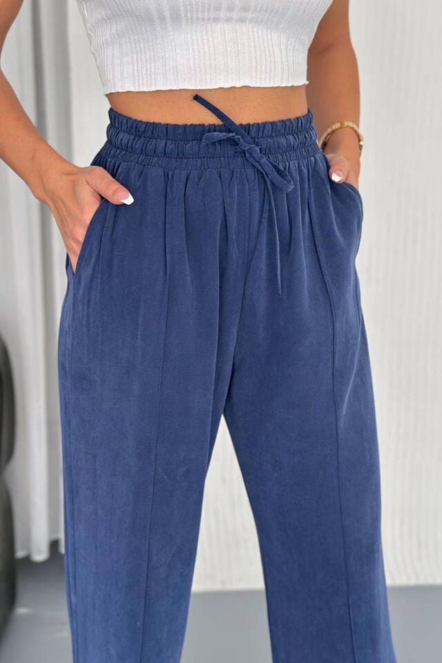 Feela Moda 2007 Bağcıklı Beli Lastikli Modal Çımalı Palazzo Kadın Pantolon 40 - İndigo