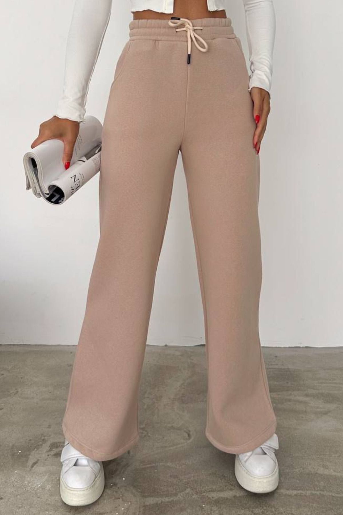 Balenbi Kadın Bol Paça Yüksek Bel Polarlı Kışlık Eşofman Altı 1086 XL - Bej