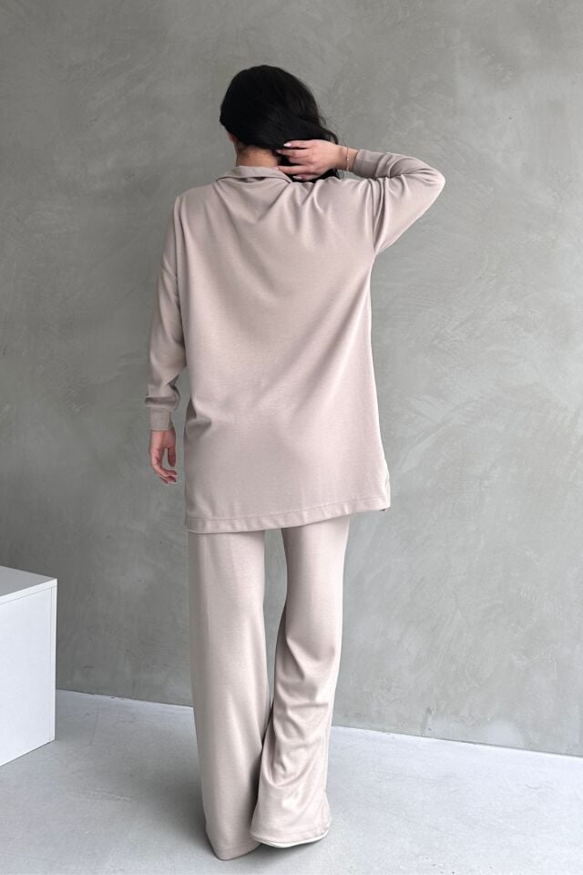 Feela Moda Kadın Modal Penye Oversize Metal Fermuar Tesettür Tunik Takım 2021 S - Bej