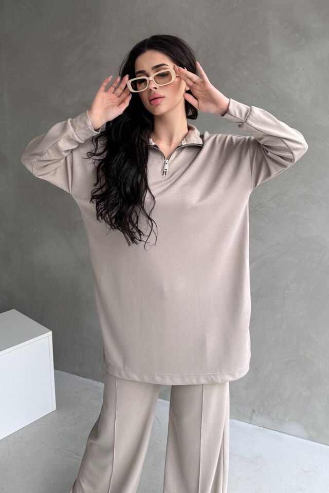 Feela Moda Kadın Modal Penye Oversize Metal Fermuar Tesettür Tunik Takım 2021 S - Bej